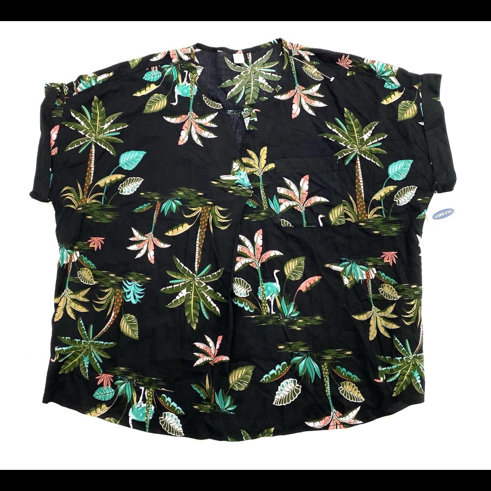 Old Navy Palm Tree Blouse Black Shirt Sleeve Blouse Womens XL NWT $29.99